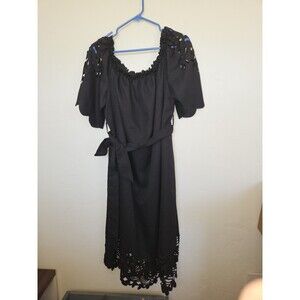 Lishly Curve Women's Black Floral Cutout Belted Dress, Midi Length, Size 3XL